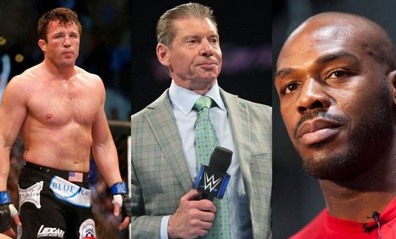 Chael Sonnen (left); Vince McMahon (center); Jon Jones (right)