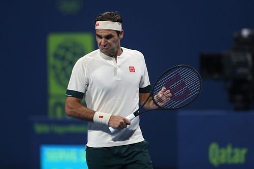 Roger Federer against Nikoloz Basilashvili at the 2021 Qatar ExxonMobil Open