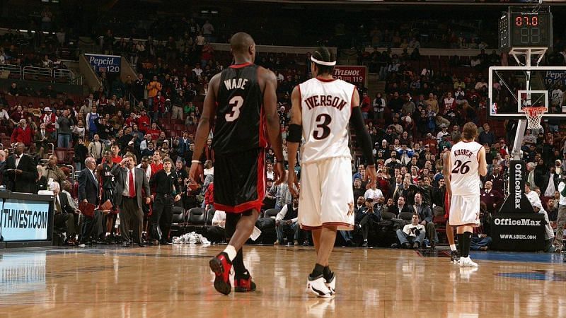 Allen Iverson of the Philadelphia 76ers and Dwyane Wade of the Miami Heat