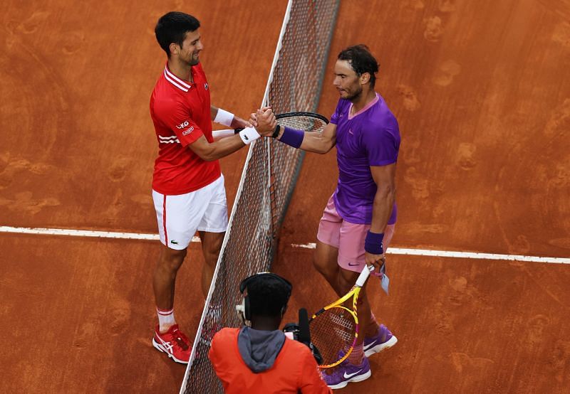 Novak Djokovic and Rafael Nadal greet each other at the net after their Italian Open final.