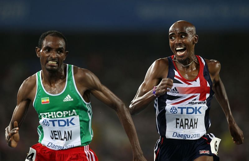 Ibrahim Jeilan of Ethiopia beats Mo Farah at the World Athletics Championships Daegu 2011