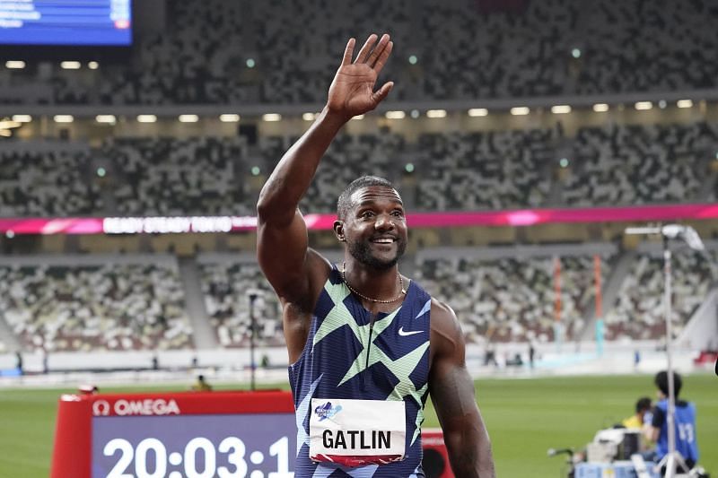 Justin Gatlin of the United States reacts after winning the Men&#039;s 100m final during the Ready Steady Tokyo event (Photo by Toru Hanai/Getty Images)
