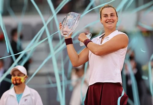 Aryna Sabalenka with the Madrid Open trophy