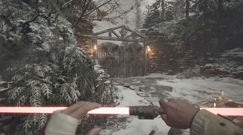 The highly sought-after lightsaber-themed LZ Answerer weapon in Resident Evil Village (Image via CAPCOM)