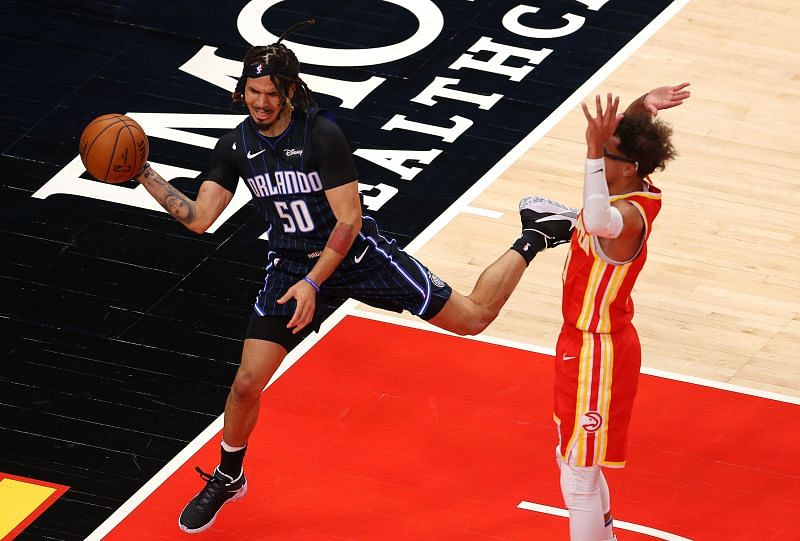 Cole Anthony #50 draws a foul from Trae Young #11.