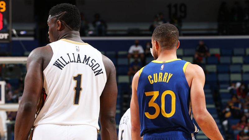New Orleans Pelicans&#039; Zion Williamson and Golden State Warriors&#039; Stephen Curry