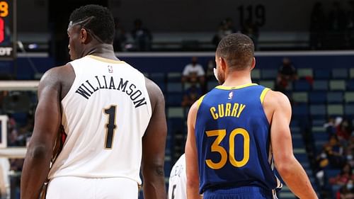 New Orleans Pelicans' Zion Williamson and Golden State Warriors' Stephen Curry