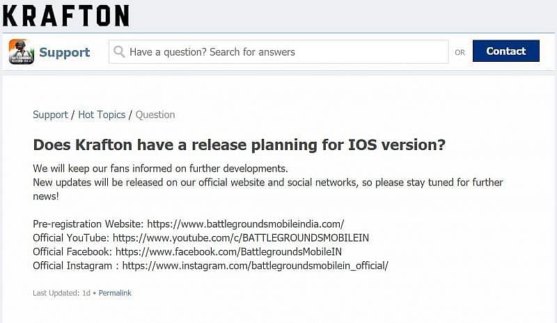 Krafton&#039;s response regarding the iOS version of Battlegrounds Mobile India