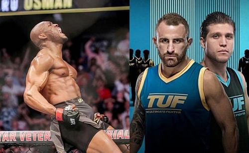 Kamaru Usman (left); Alexander Volkanovski and Brian Ortega (right and far-right, respectively)