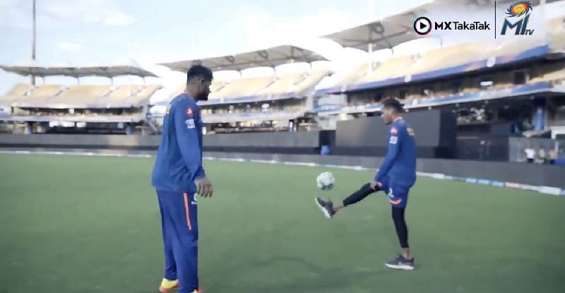 Rahul Chahar (R) showing his football skills. Pic Credits: @MIPaltan twitter