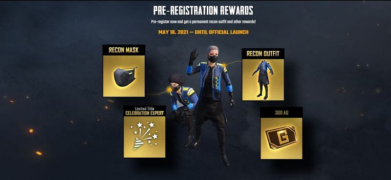 The pre-registration rewards include Recon Mask, Recon Outfit, Celebration Expert Title, and 300 AG