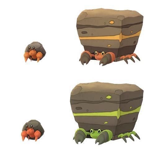 Normal and shiny Dwebble&#039;s evolution in Pokemon GO (Image via Niantic)