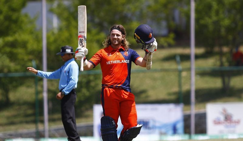 Max O&#039;Dowd celebrating after completing his century against Malaysia (Image Courtesy: CAN Twitter)