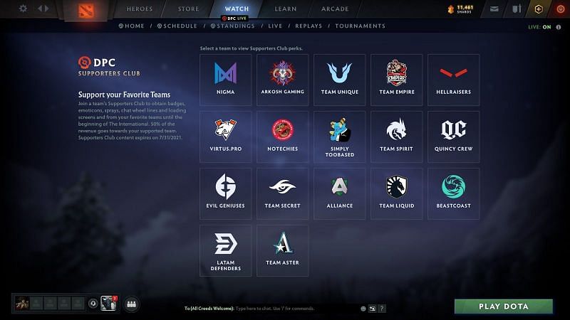 Dota 2 Supporter Clubs (Screengrab from Dota 2)