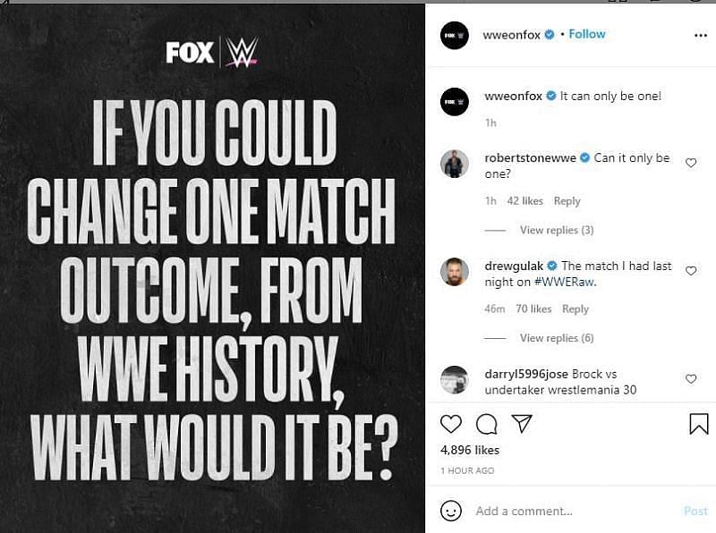 WWE Fox के इंस्टाग्राम अकाउंट ड्रू गुलक के कमेंट का स्क्रीनशॉट