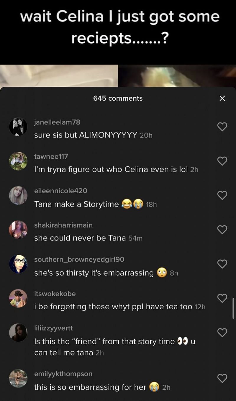 Comments on Tana Mongeau&#039;s most recent TikTok (Image via TikTok)