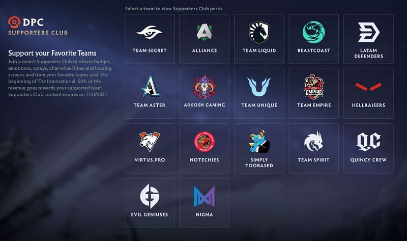 The available teams in the Supporters Club (Image via Valve)