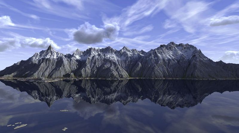 An absolutely gorgeous mountain range in Minecraft (Image via u/Finnick420 on Reddit)