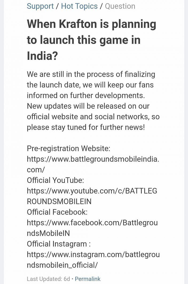 Krafton&#039;s response to release date query (Image via Battlegrounds Mobile India)