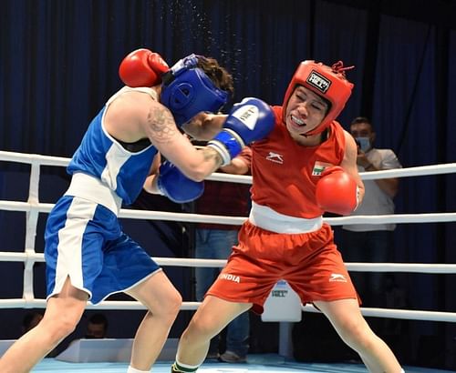 Mary Kom (red) in action against Kazakhstan's Nazym Kyzaibay in the final of women's 51kg category at the 2021 Asian Boxing Championships in Dubai