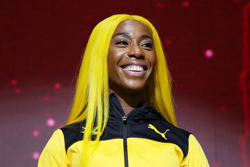 Gold medalist Shelly-Ann Fraser-Pryce of Jamaica stands on the podium during the medal ceremony for the Women&#039;s 100 Metres final during the 2019 IAAF World Athletics Championships in Doha (Photo by Michael Heiman/Getty Images)