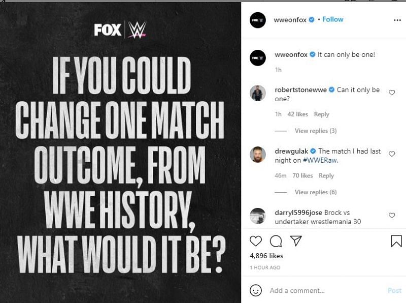 A screenshot of Drew Gulak&#039;s comment on WWE on Fox&#039;s Instagram account