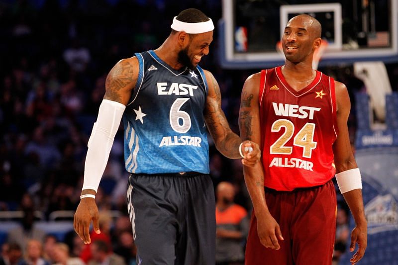 LeBron James #6 talks with Kobe Bryant #24 during the 2012 NBA All-Star Game