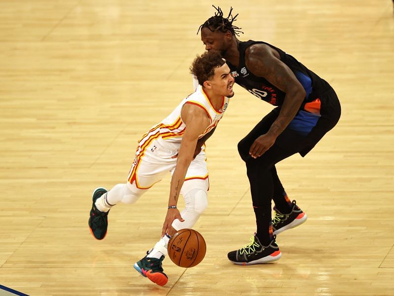 Trae Young of the Atlanta Hawks and New York Knicks star Julius Randle battle in Game 2