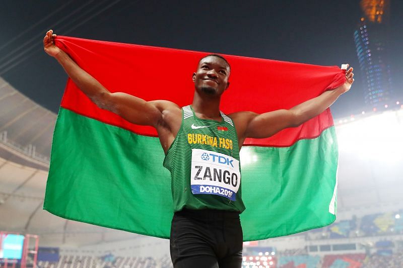 Hugues Fabrice Zango celebrates after winning bronze at IAAF World Athletics Championships in 2019