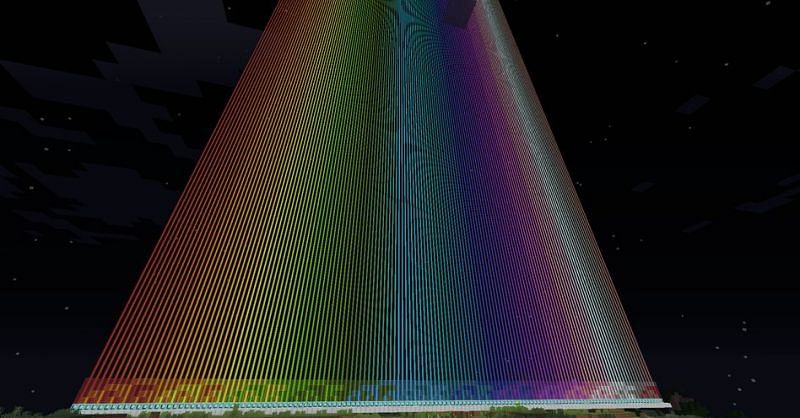 A 136 beacon rainbow, created in survival (Image via u/Marcus405 on Reddit)