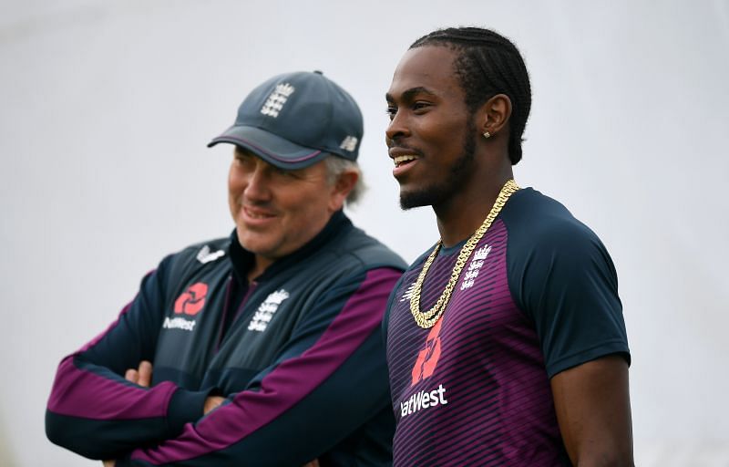 Jofra Archer (R) with England Head Coach Chris Silverwood.