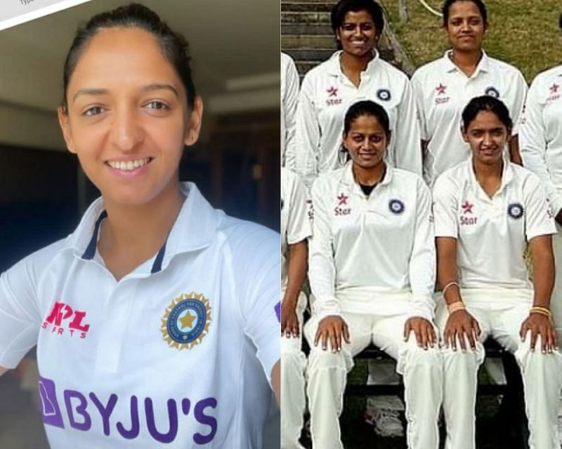 Harmanpreet Kaur in India Women&#039;s new jersey (L) and the old jersey (R).