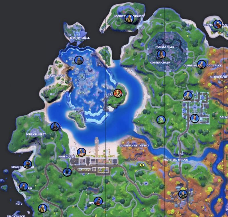 There are 17 NPCs in the first quadrant of the Fortnite island (Image via Fortnite.gg)