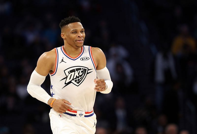 Russell Westbrook #0 celebrates a shot against Team LeBron.