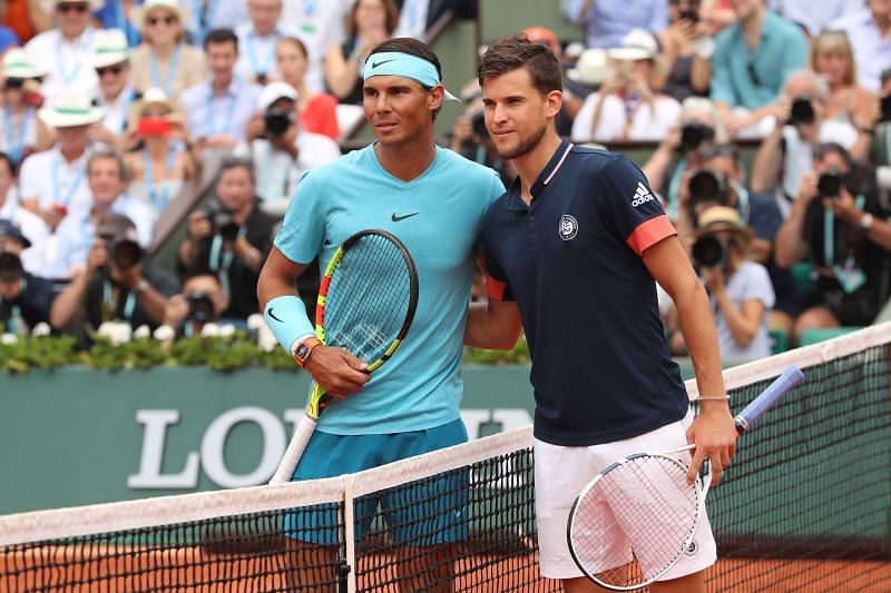 Rafael Nadal and Dominic Thiem at the 2018 French Open