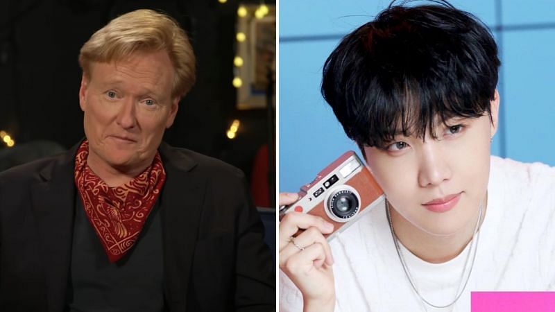 L-R: Conan O&#039;Brien reacts to BTS&#039;s J-Hope calling him &quot;curtain&quot; (Images via TBS/HYBE Entertainment)