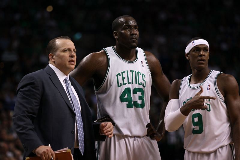 Kendrick Perkins #43 and Rajon Rondo #9 of the Boston Celtics