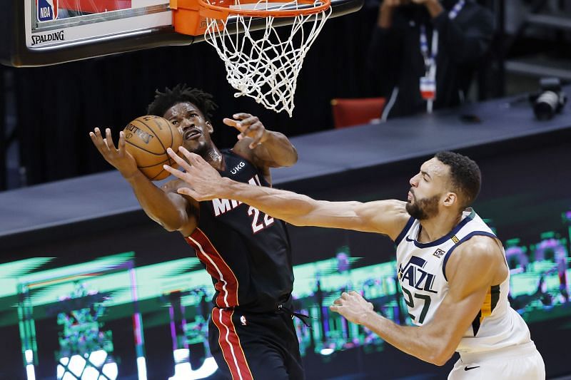 2-time NBA Defensive Player of the Year Rudy Gobert blocks Jimmy Butler