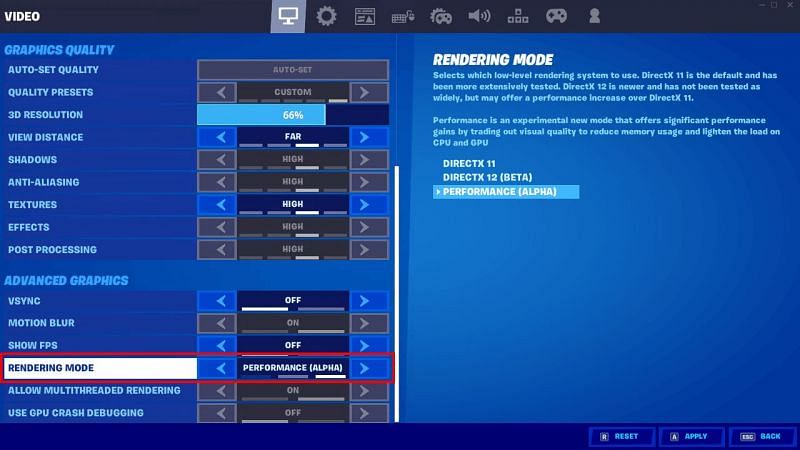 Performance (Alpha) mode in Fortnite (Image via Epic Games)