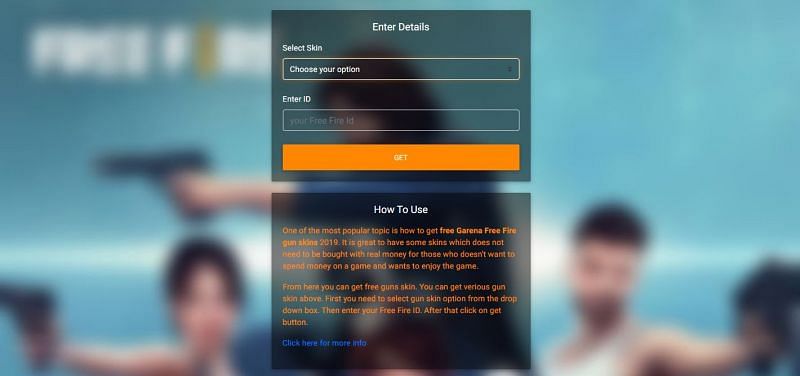 वेबसाइट का दावा है कि वो आपको Free Fire के लिए स्किन्स देंगे