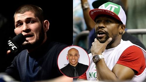 Khabib Nurmagomedov (left) denied $100 million to fight Floyd Mayweather (right), per Ali Abdelaziz (center)