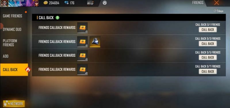 List of rewards in the CALL BACK section