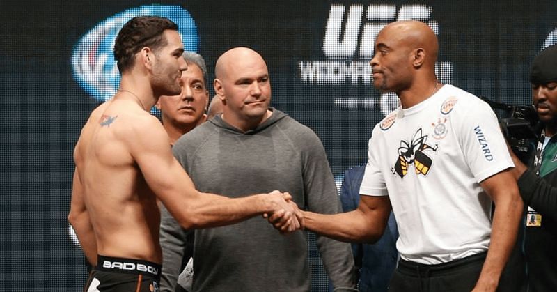 Anderson Silva and Chris Weidman during UFC 168 weigh-in face-off in 2013.