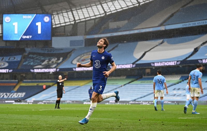 Chelsea&#039;s Marcos Alonso celebrates after scoring the winner at the Eithad Stadium.