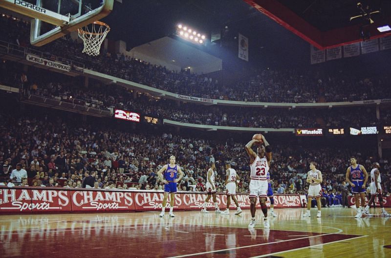 Michael Jordan shoots a free-throw for the Chicago Bulls