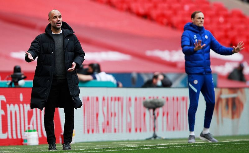 Chelsea and Manchester City manager, Pep Guardiola and Thomas Tuchel. (Photo by Ian Walton - Pool/Getty Images)