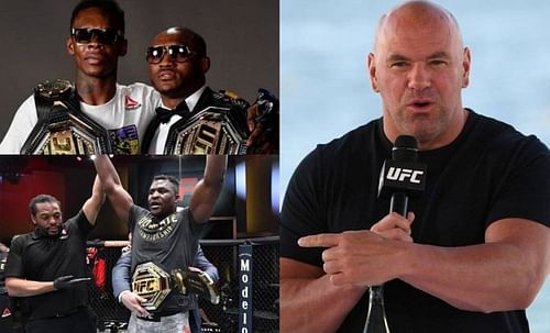 Israel Adesanya (top left); Kamaru Usman (top center); Francis Ngannou (bottom left); Dana White (right)