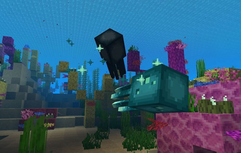A Glow Squid and a regular Squid next to each other in Minecraft (Image via Minecraft)