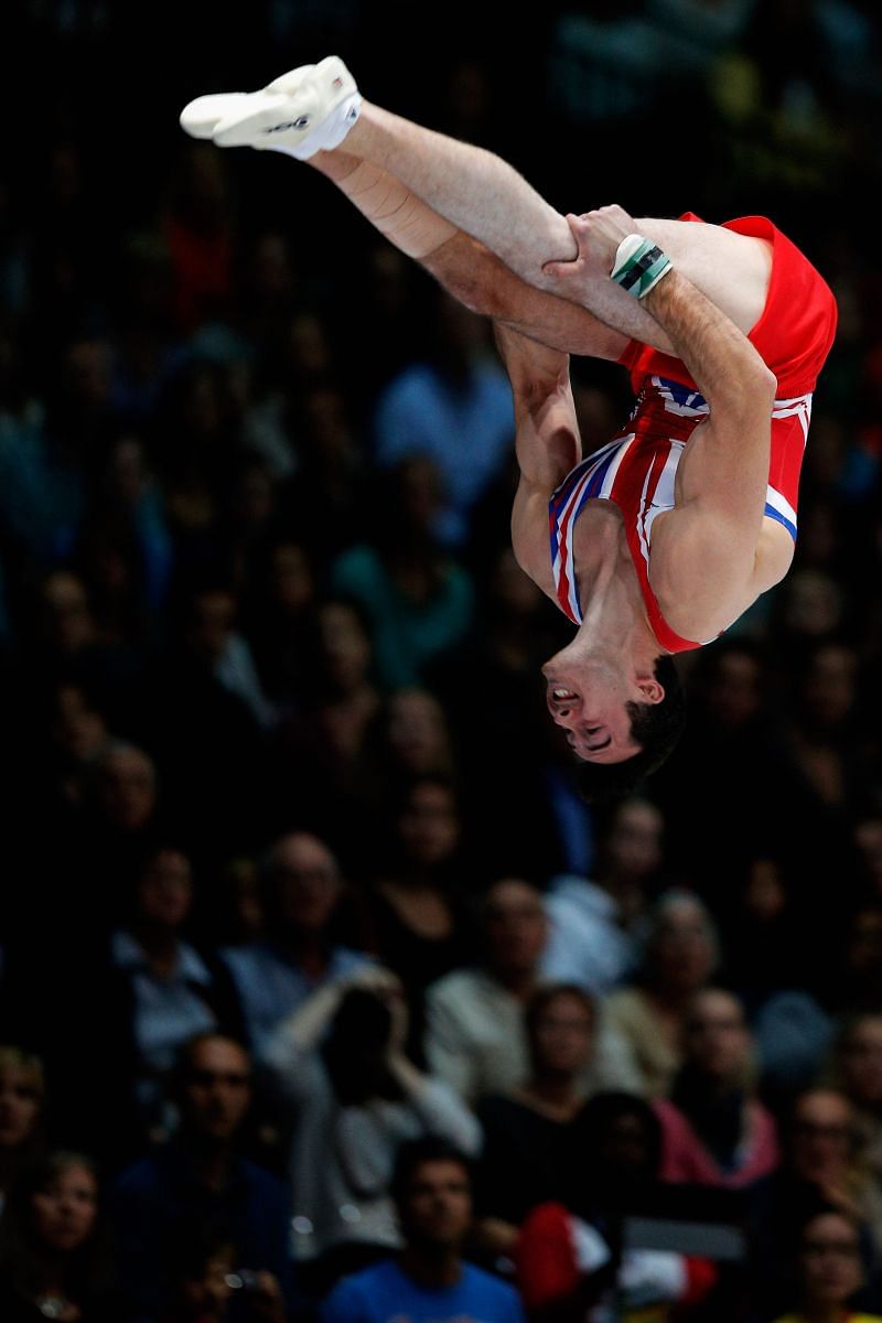 Kristian Thomas of Great Britain is one of the five male gymnasts to have performed the Yurchenko double pike in vault