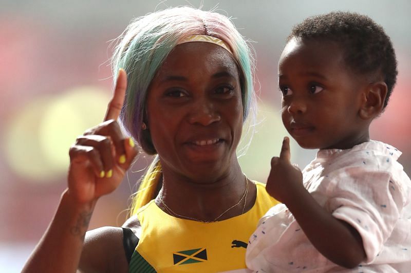 Shelly-Ann Fraser-Pryce of Jamaica with her son Zyon (Photo by Alexander Hassenstein/Getty Images for IAAF )
